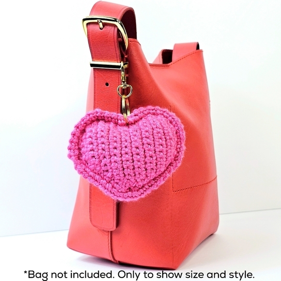 New! Handmade Crochet Vibrant Hot Pink Heart Keychain Bag Charm - Picture 7 of 9